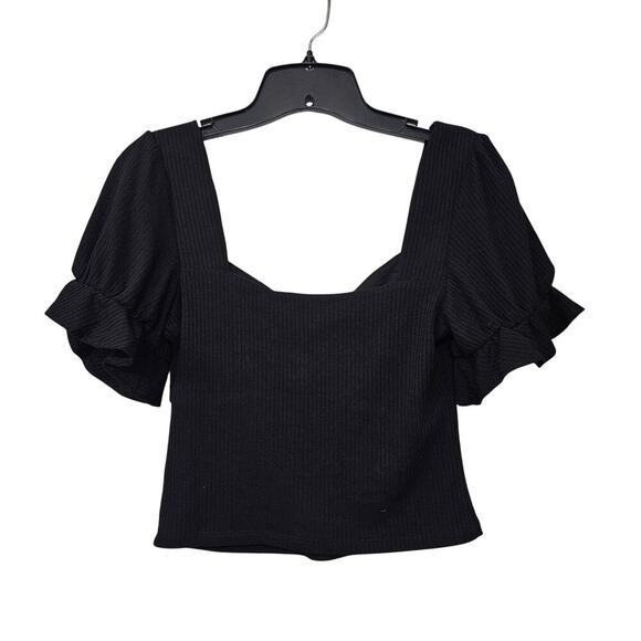 Revolve Privacy Please Lana Top Black Ruched Short Sleeve Ruffle Size Small Crop - Picture 2 of 7
